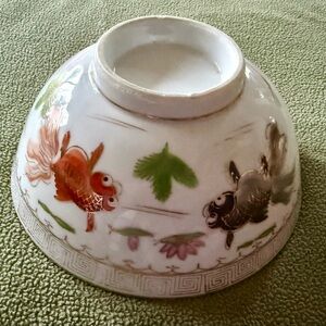 Vintage Chinese porcelain bowl 3 hand painted goldfish & pink lotus